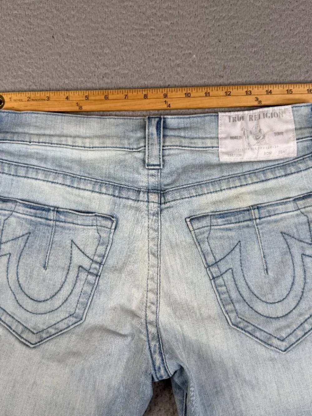 TRUE RELIGION Ricky Relaxed Straight Jeans Blue Yellow Horseshoe Stitch Mens 31